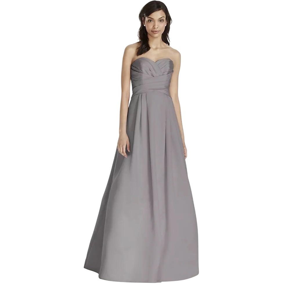 David's Bridal Strapless Satin‎ Pleated Bodice Ball Gown Gray Silver Sz 14